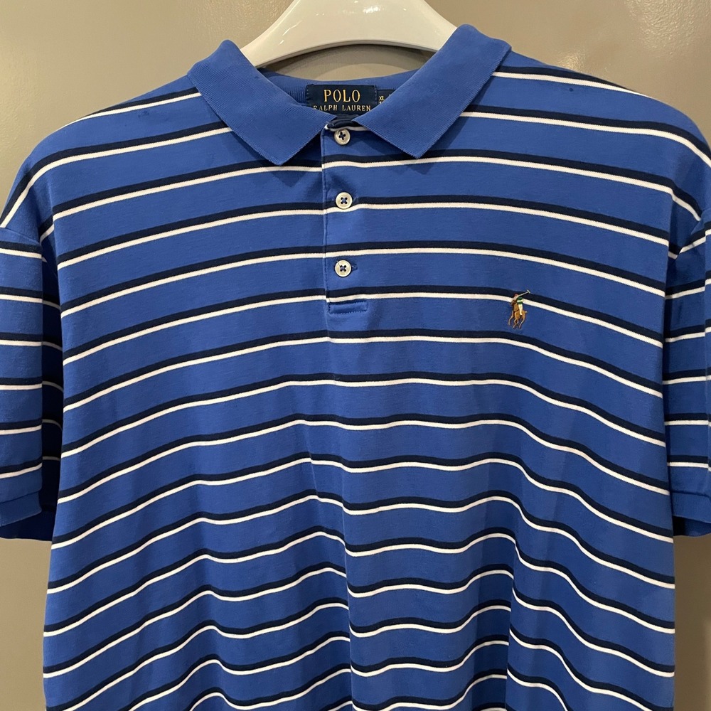 Polo Ralph Lauren Mens XL Custom Slim Fit Striped Polo Shirt Blue Navy White